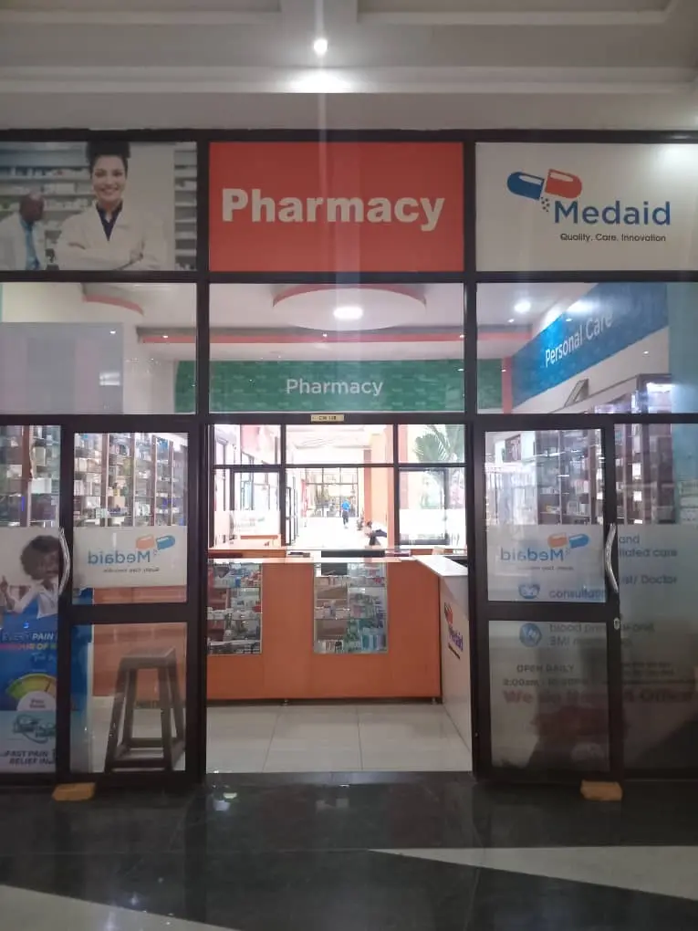 Medaid Pharmacy storefront on the ground floor of Akamwesi Mall